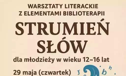 Plakat warsztatów literackich przedstawiający książkę, z której wypływają litery.