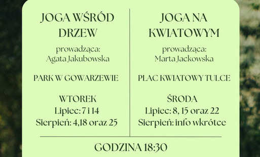 Plakat informujący o zajęciach jogi.